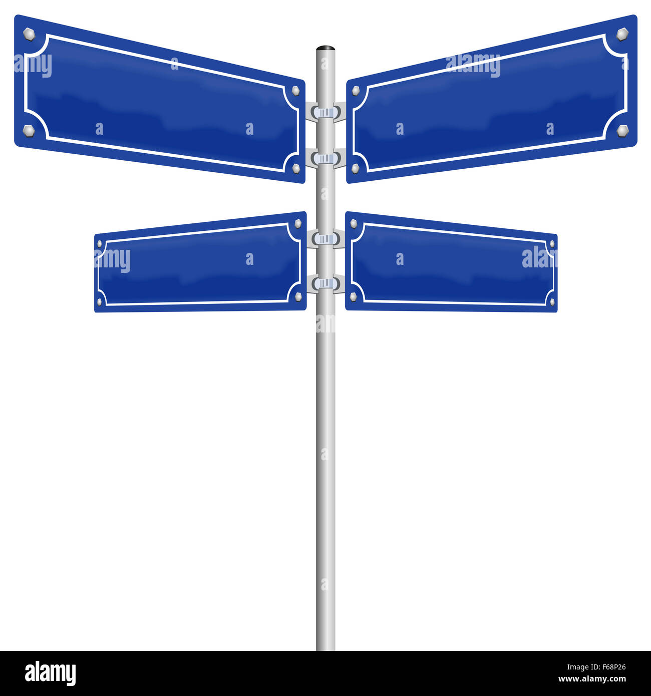 Street signs - four blank, glossy blue metal panels showing in four different directions. Illustration on white background. Stock Photo