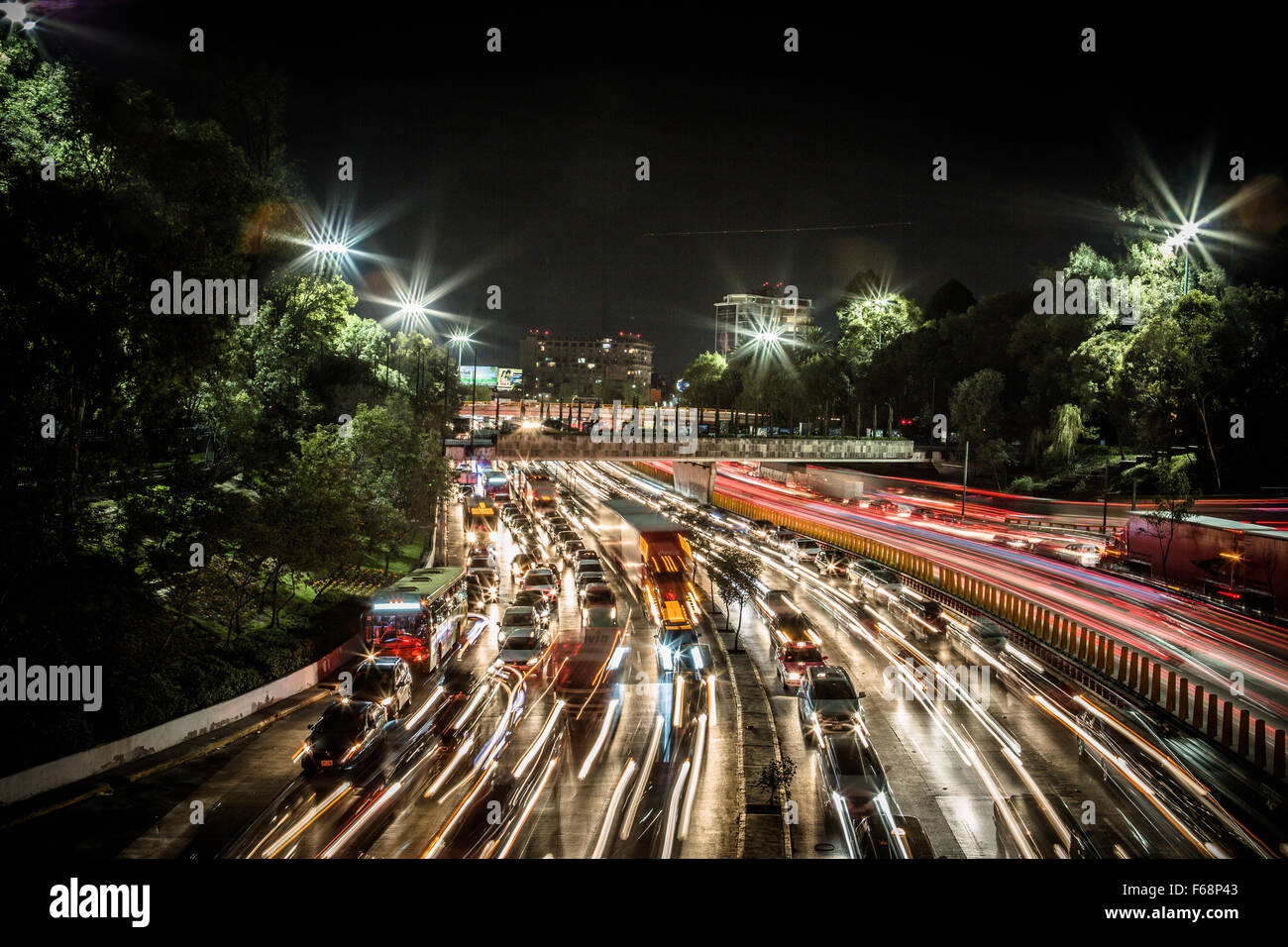 night shot of traffic in Mexico City Mexico DF. long exposure Stock Photo