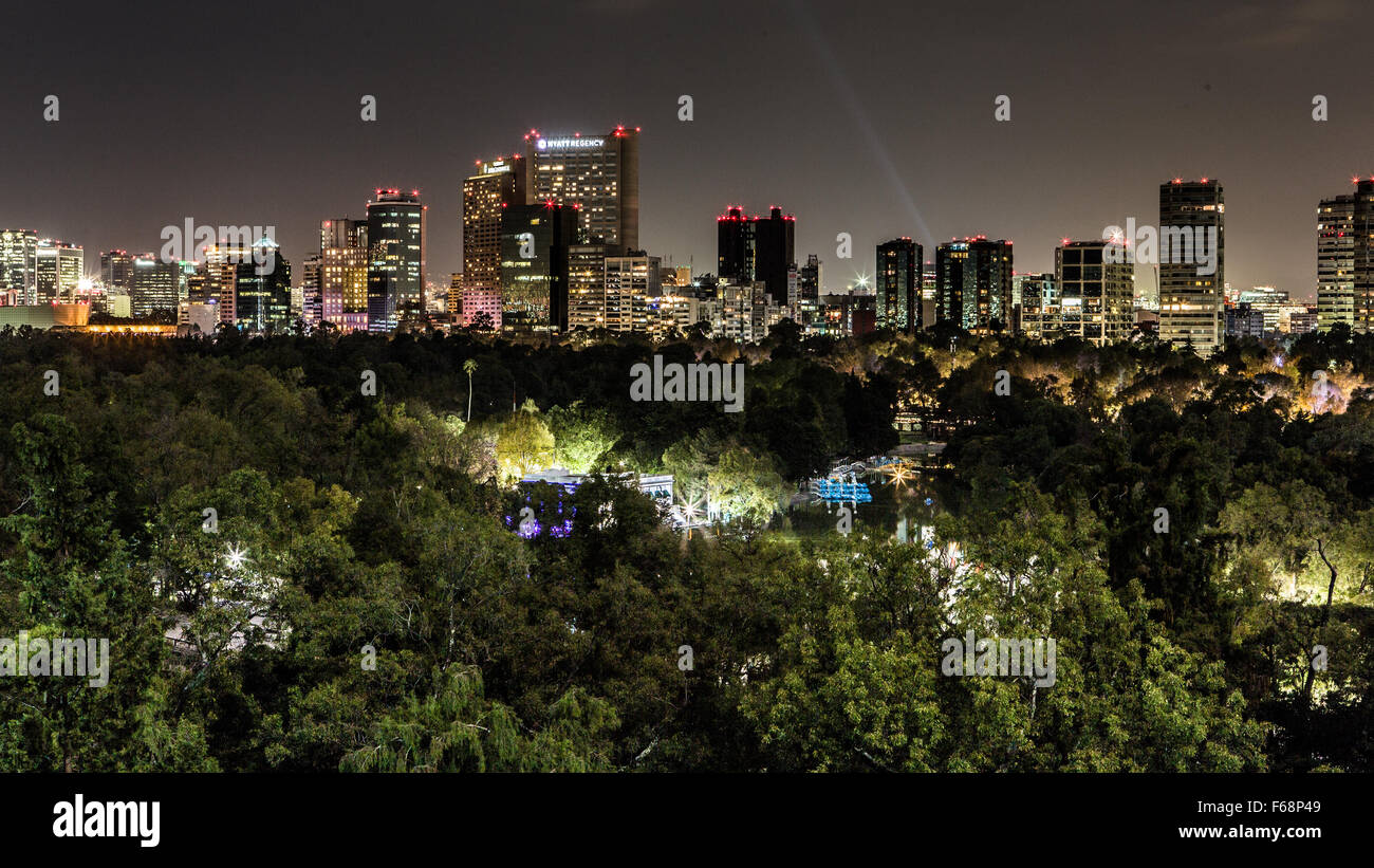 Nighttime view across Mexico City and Chapultepec Park Stock Photo