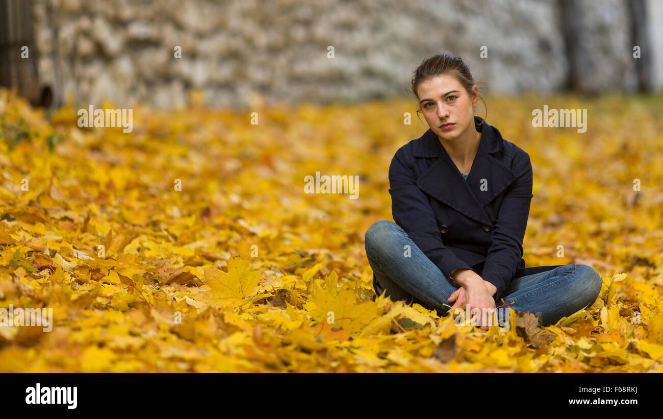 Young girl in autumn city Park sits on the fallen leaves Stock Photo ...