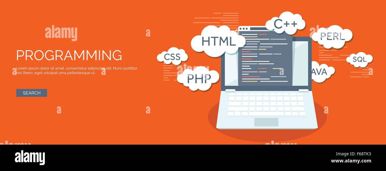 Vector illustration. Flat background. Coding, programming. SEO. Search ... image.