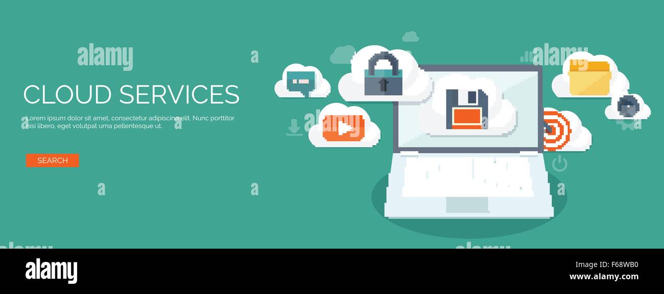 Vector illustration. Flat cloud computing background. Data storage ...