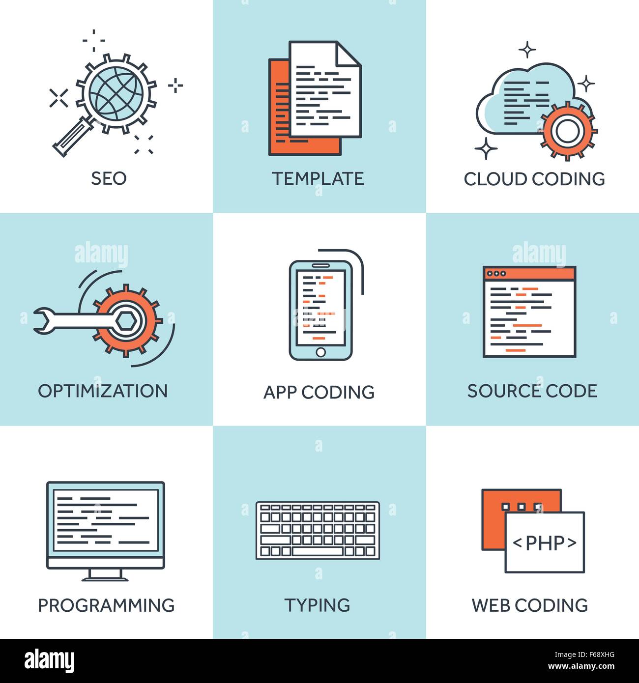 Vector illustration. Flat background. Coding, programming. SEO. Search ...