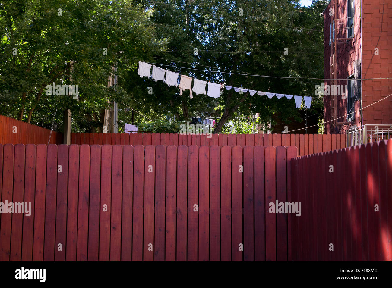Laundry hanging to dry on a clothesline in Greenpoint, Brooklyn Stock