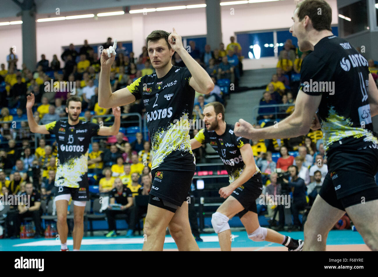Belchatow, Poland. 14th November 2015. Wojciech Grzyb of Lotos Trefl Gdansk, pictured during a game against  PGE Skra Belchatow in the Plus Liga Polish Professional Volleyball League. Team PGE Skra went on to win 3-0. Credit:  Marcin Rozpedowski/Alamy Live News Stock Photo