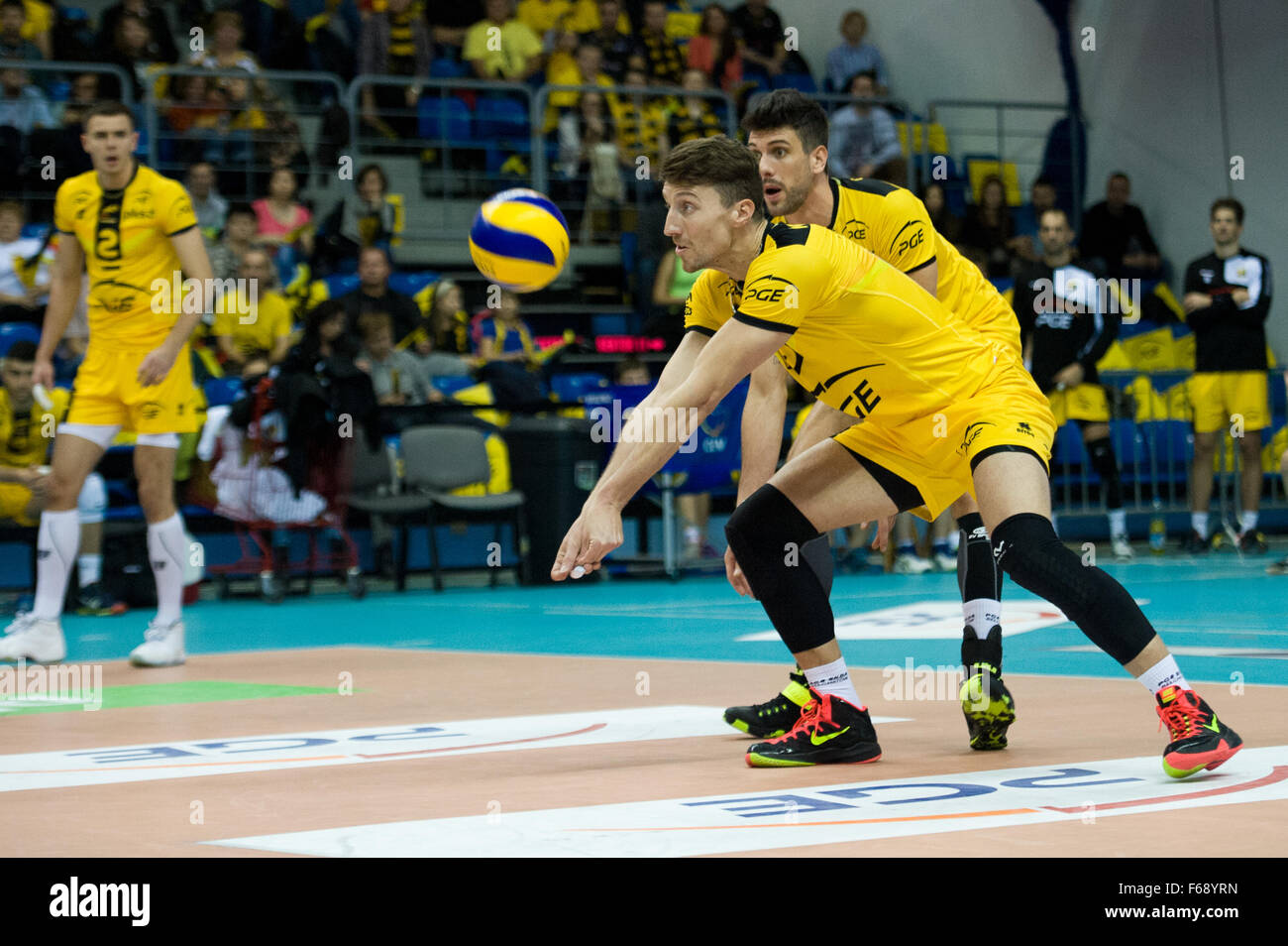 Belchatow, Poland. 14th November 2015. Nicolas Marechal of PGE Skra Belchatow, receives the ball during a game against Lotos Trefl Gdansk in the Plus Liga Polish Professional Volleyball League. Team PGE Skra went on to win 3-0. Credit:  Marcin Rozpedowski/Alamy Live News Stock Photo