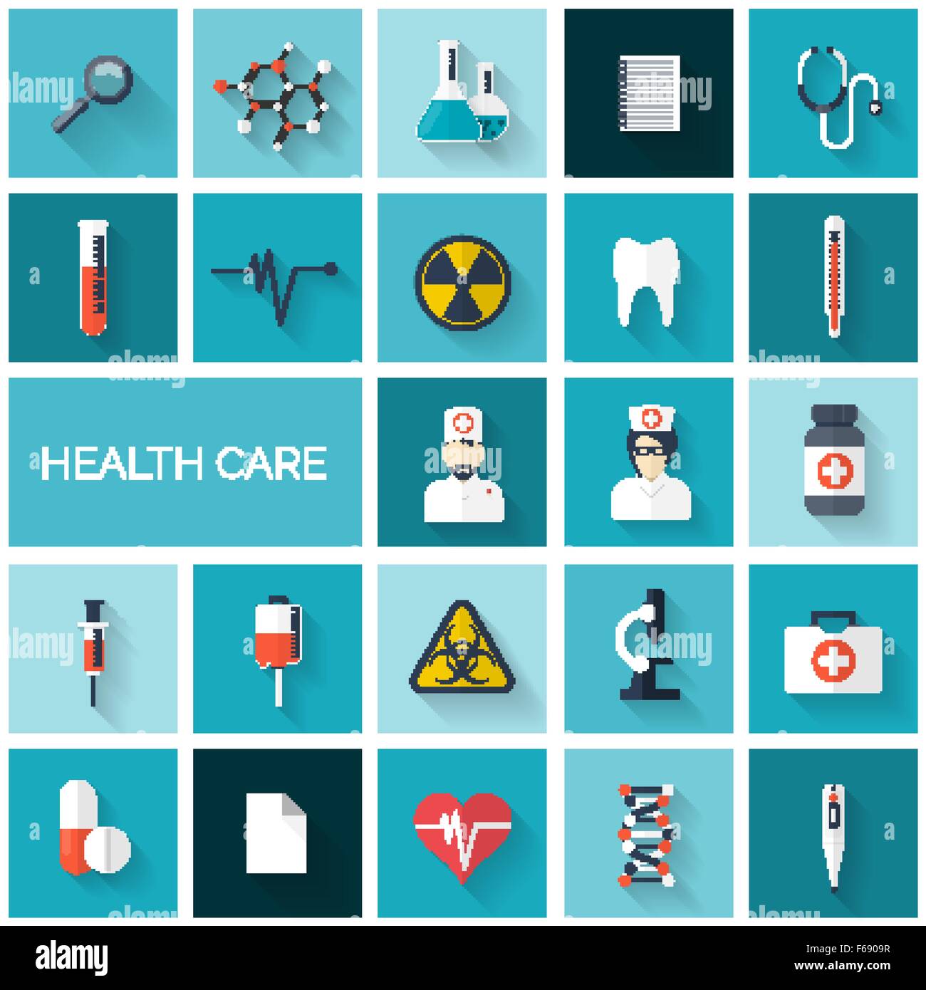 Flat health care and medical research icon set. Healthcare system ...