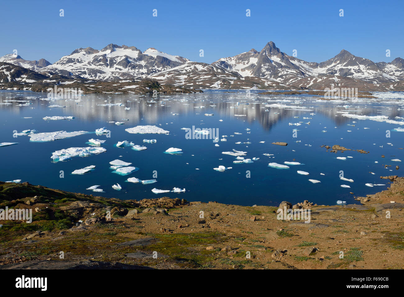View of Kong Oscars Havn, Ammassalik Island, Kalaallit Nunaat, East Greenland Stock Photo
