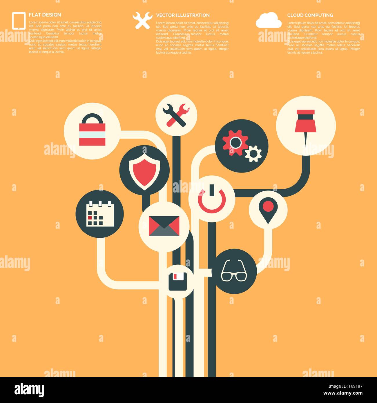 Flat abstract background with web icons. Interface symbols. Cloud ...