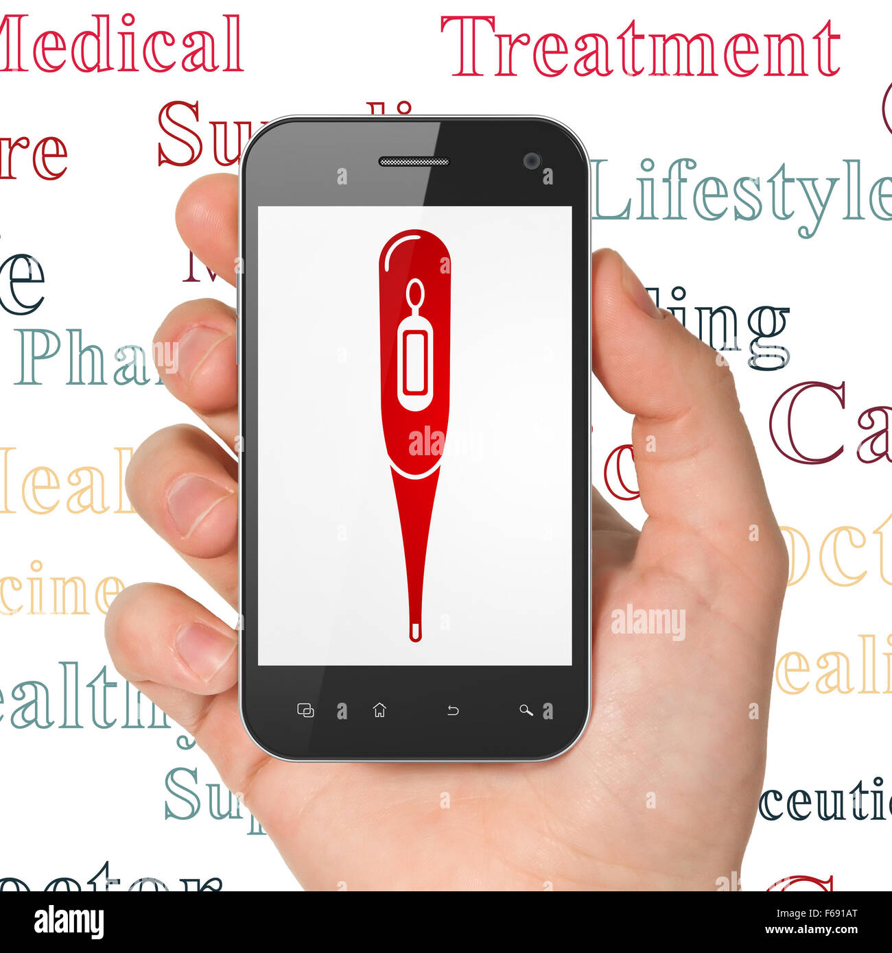 Medicine concept Hand Holding Smartphone with Thermometer on display