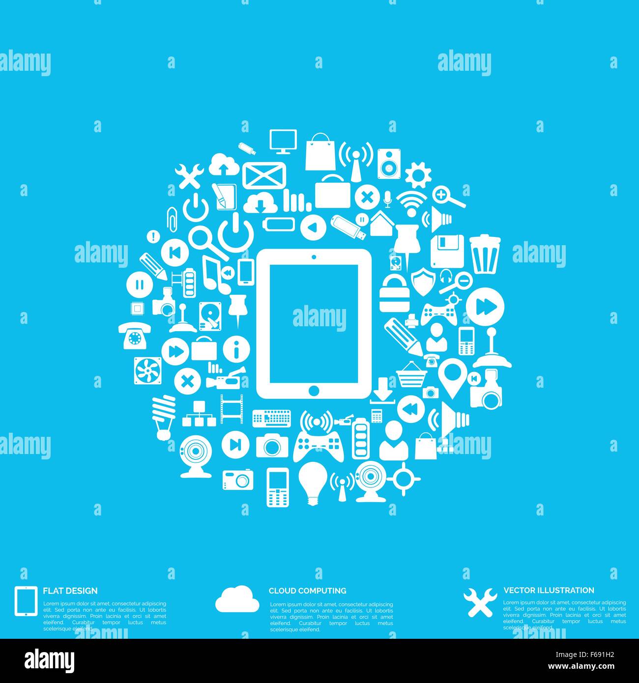 Flat abstract background with web icons. Interface symbols. Cloud ...