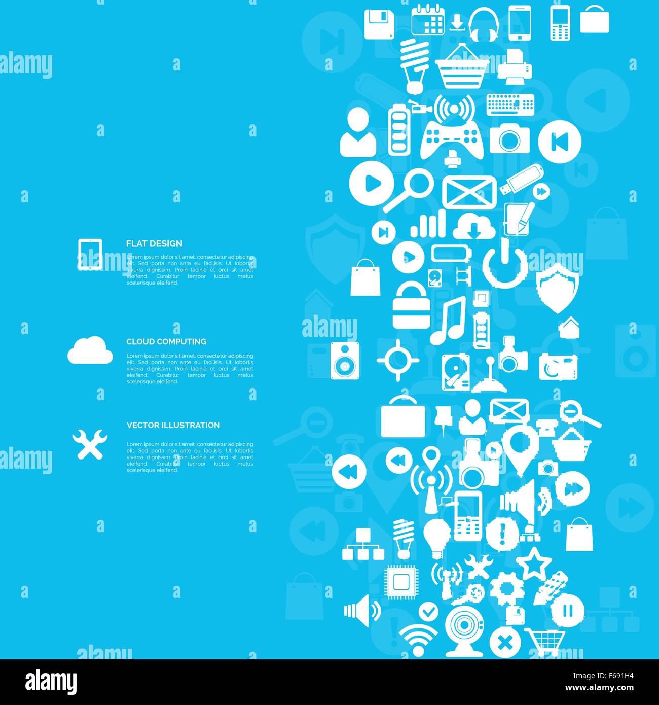 Flat abstract background with web icons. Interface symbols. Cloud ...