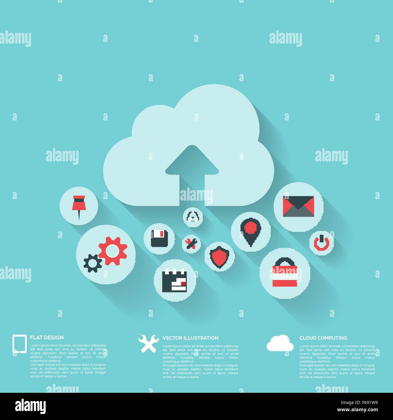 Flat abstract background with web icons. Interface symbols. Cloud ...