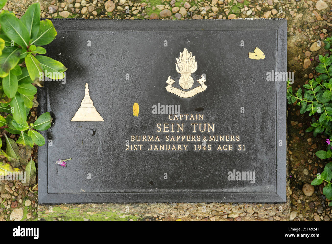The grave of a captain from the Burma Sappers and Miners at Taukkyan War Cemetery near Yangon, Myanmar. Stock Photo