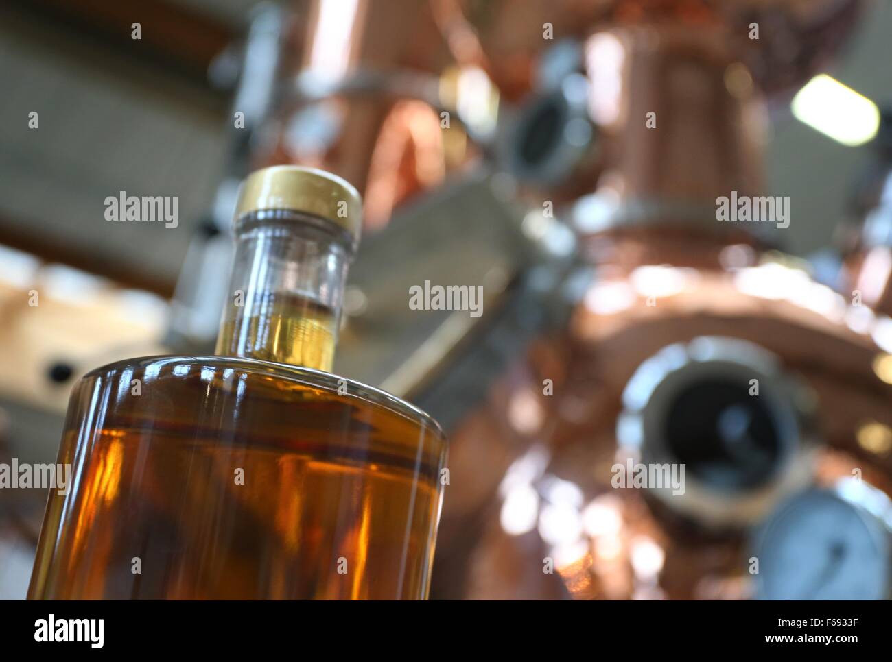 A bottle of plum brandy next to distilling equipment, pictured at the