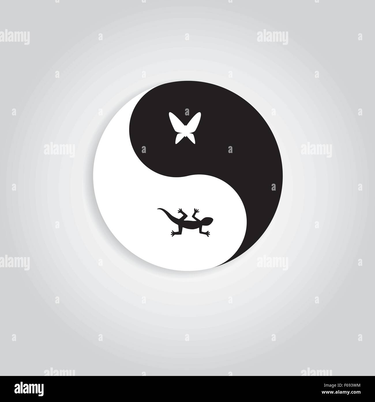 Hunter and prey yinyang logo. showing gecko and butterfly in yinyang symbol represent to nature life cycle Stock Vector