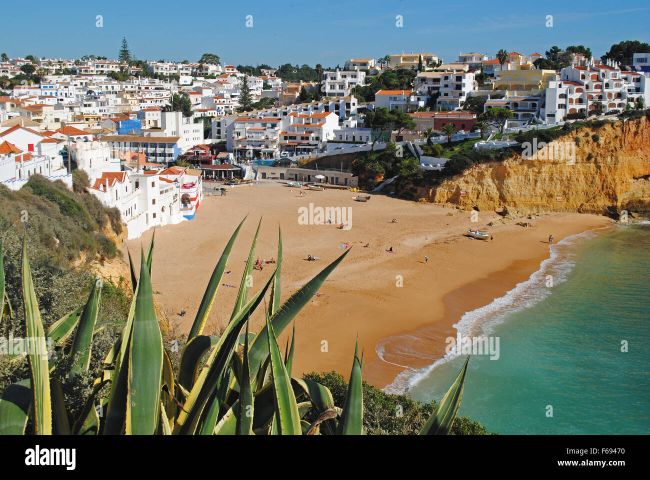 The small Portuguese town of Carvoeiro viewed from the top of a cliff. Stock Photo