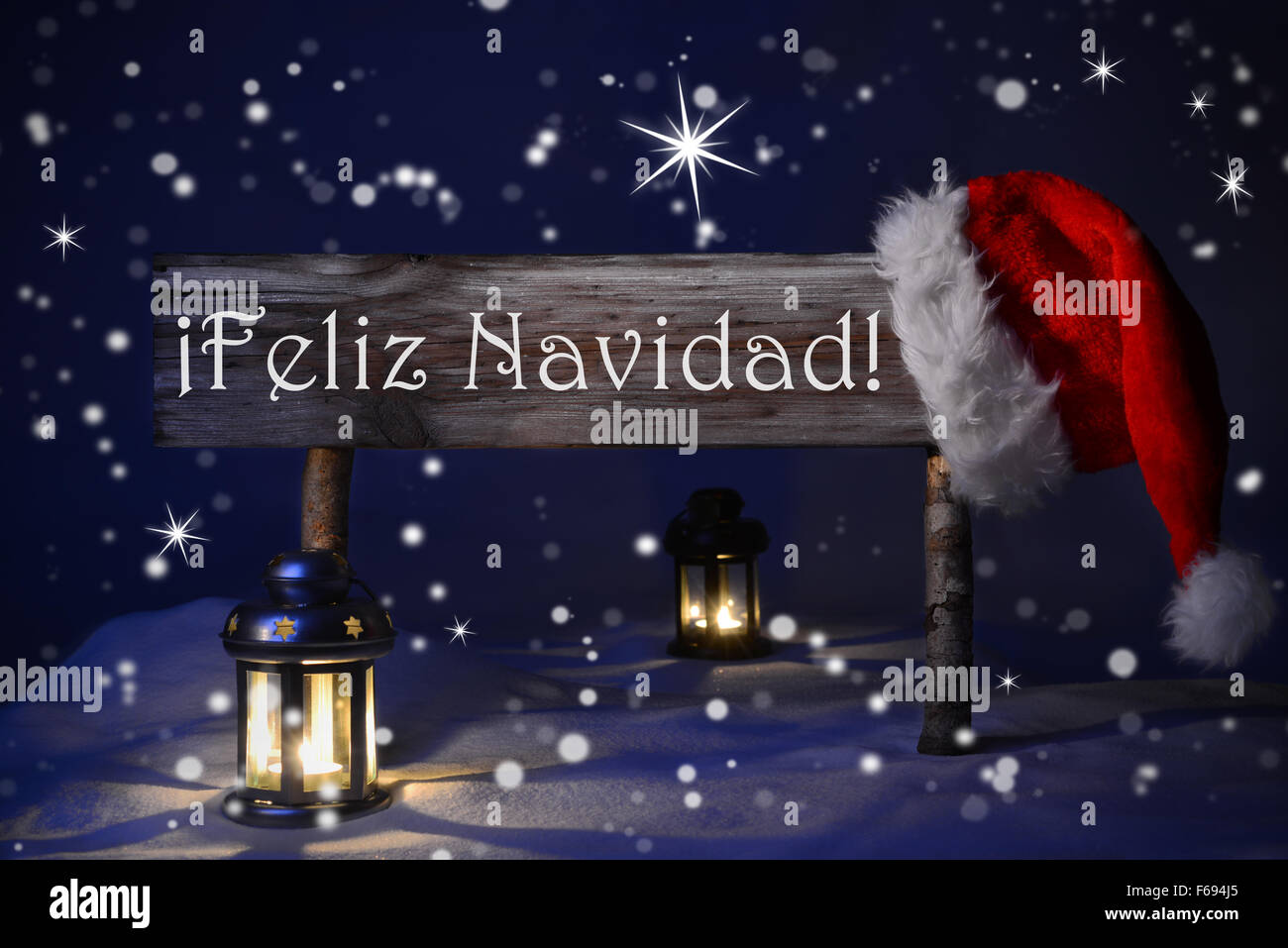 Sign Candlelight Santa Hat Feliz Navidad Means Merry Christmas Stock Photo