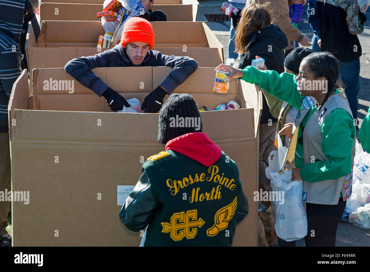 St. Clair Shores, Michigan USA. Volunteers pack food donated for needy
