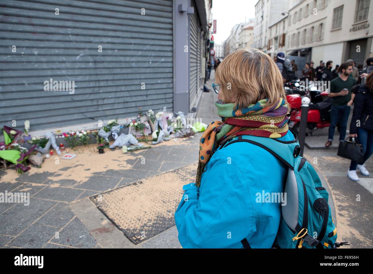 Paris Terrorist attacks, 13 November 2015, Friday, claimed by ISIS, 128 people killed, 300 injured. Seven individual attacks took place, comprising six kalashnikov shootings on various cafes and restaurants and three explosions. Locations on Saturday morning. The first attacks occurred on the rue Bichat and rue Alibert, near the Canal Saint-Martin in the 10th arrondissement. Attackers shot at people outside Le Carillon, a café-bar, at approximately 21:20. They then crossed rue Bichat and attacked Le Petit Cambodge (Little Cambodia), a restaurant, leaving between four and eleven people dead.Acc Stock Photo