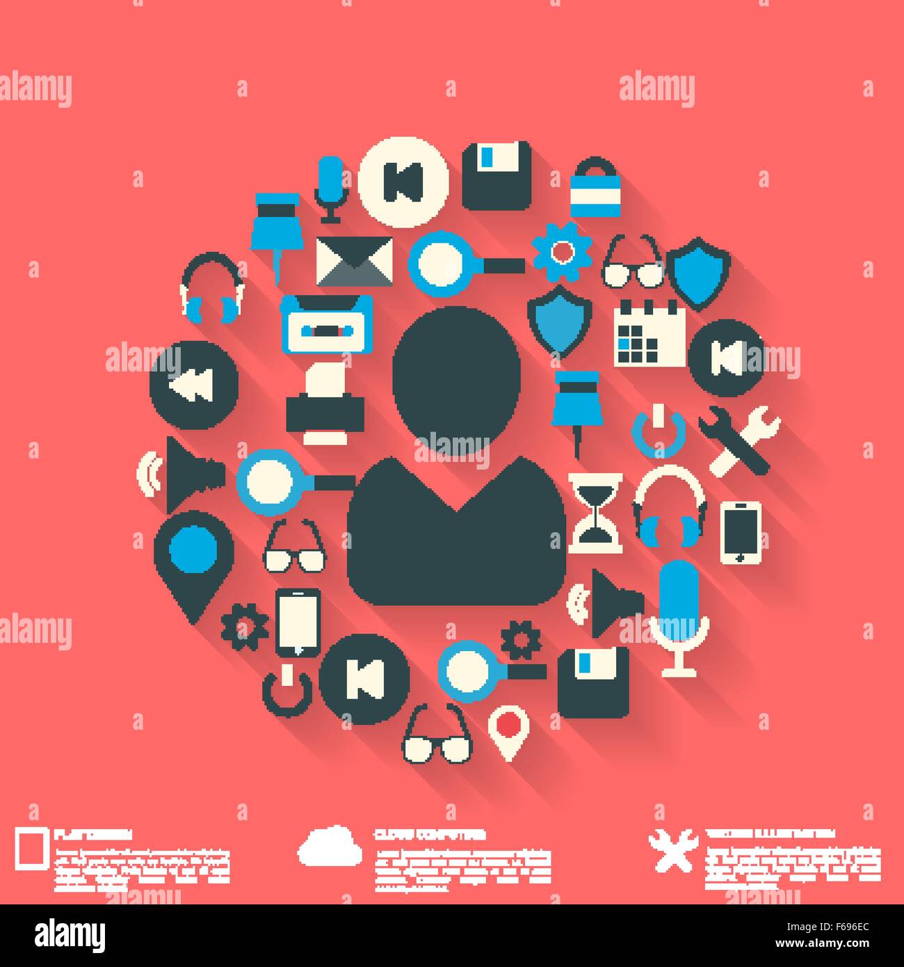 Flat abstract background with web icons. Interface symbols. Cloud ...