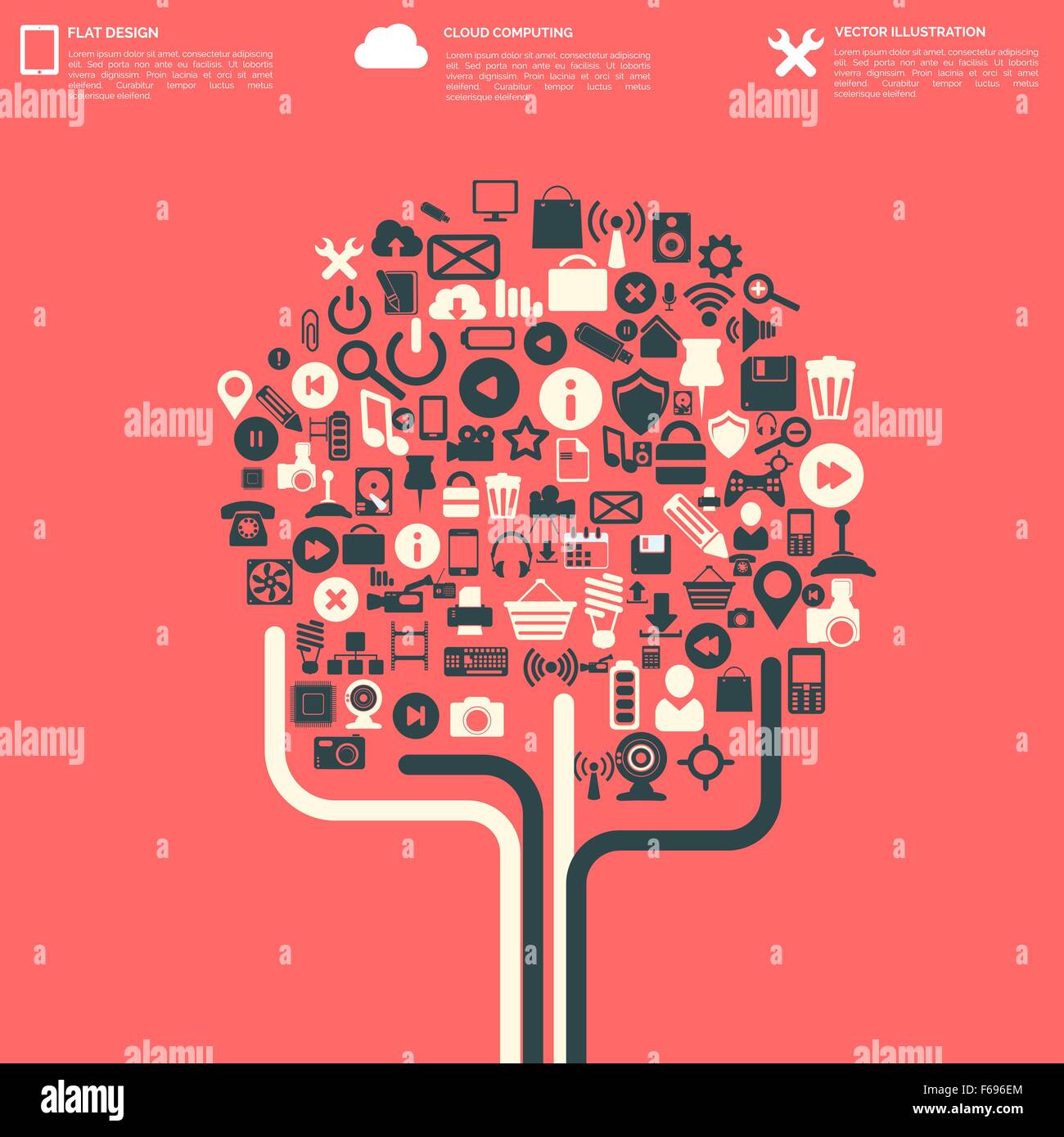 Flat abstract background with web icons. Interface symbols. Cloud ...