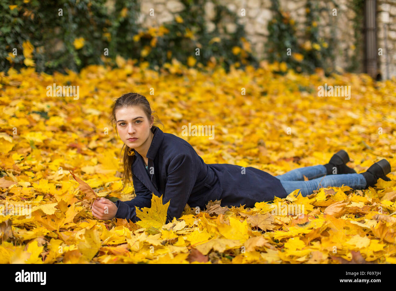 Young attractive girl lying on leaves in autumn Park Stock Photo - Alamy