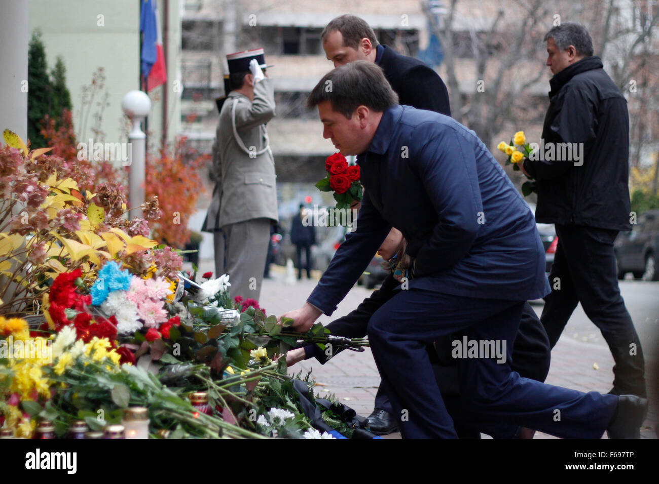 Kiev, Ukraine. 14th Nov, 2015. People lay flowers at the French Embassy ...