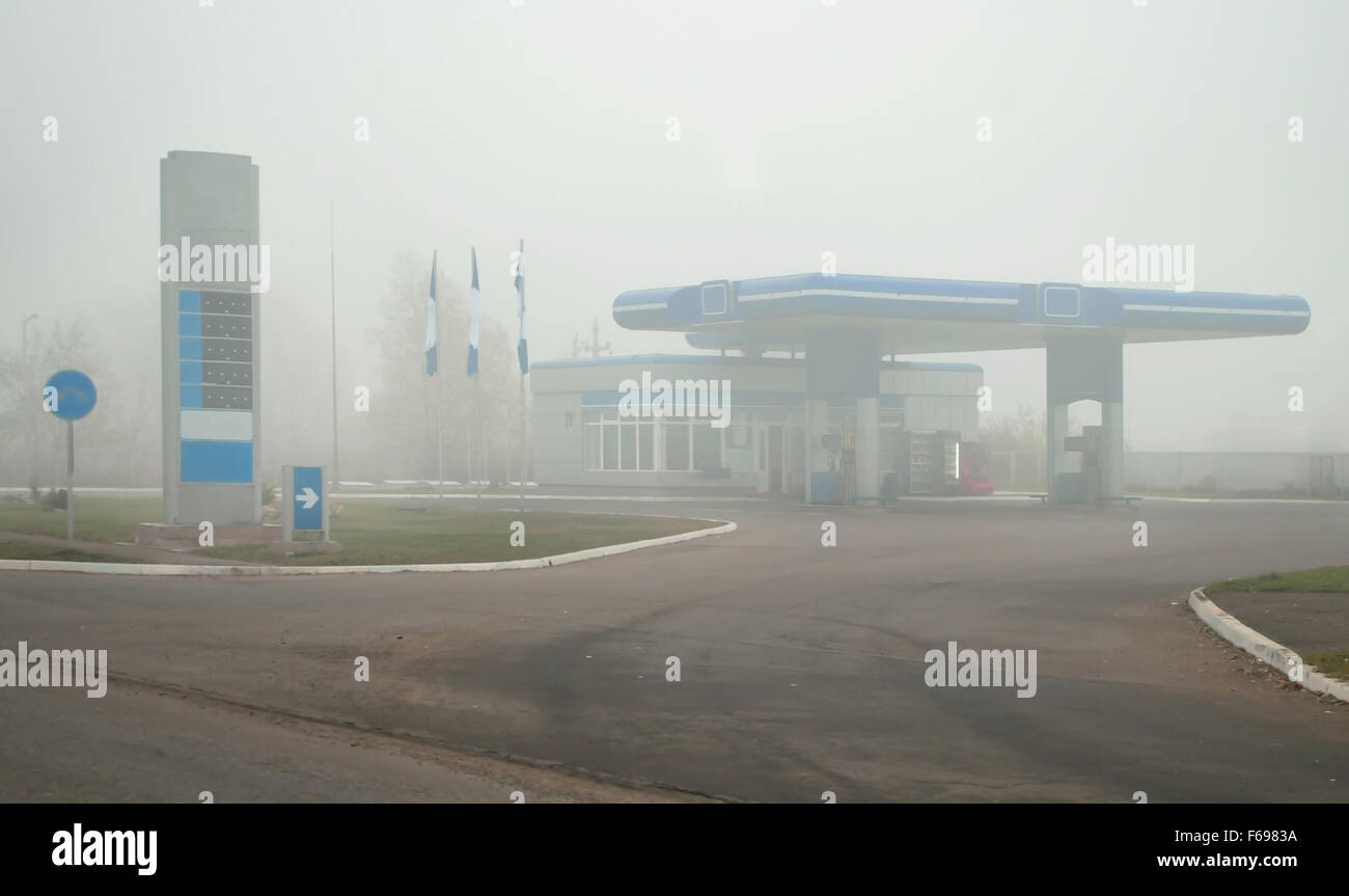 petrol station in fog. Close up Stock Photo