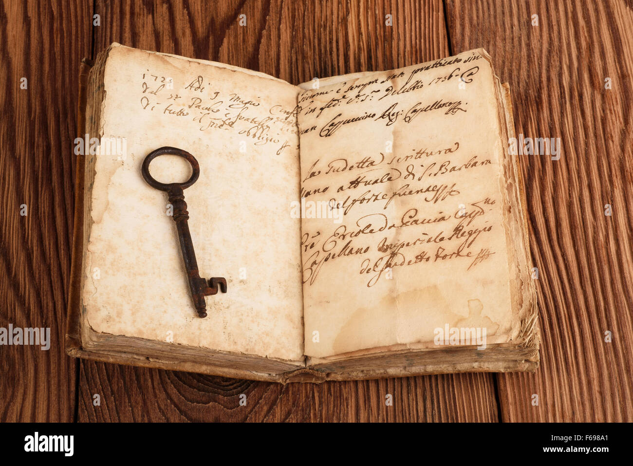Old key on old open book Stock Photo