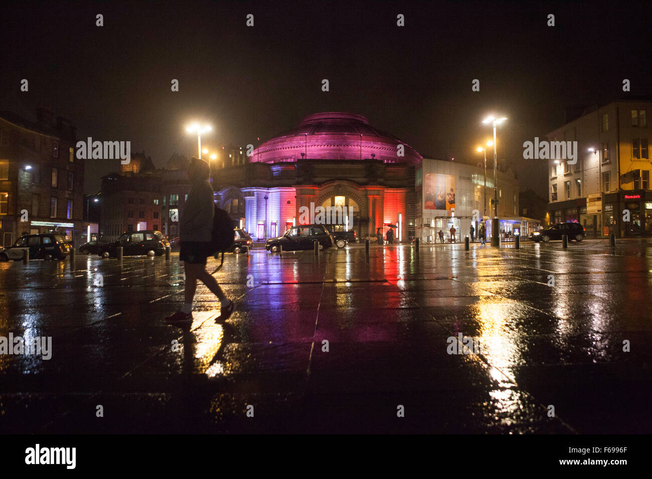 Edinburgh, UK. 14 November. Scotland Capital turned Red, White and Blue in Usher Hall. The colors of the French. The aim to show solidarity with victims of the Paris terror attacks. Pako Mera/Alamy Live News. Stock Photo