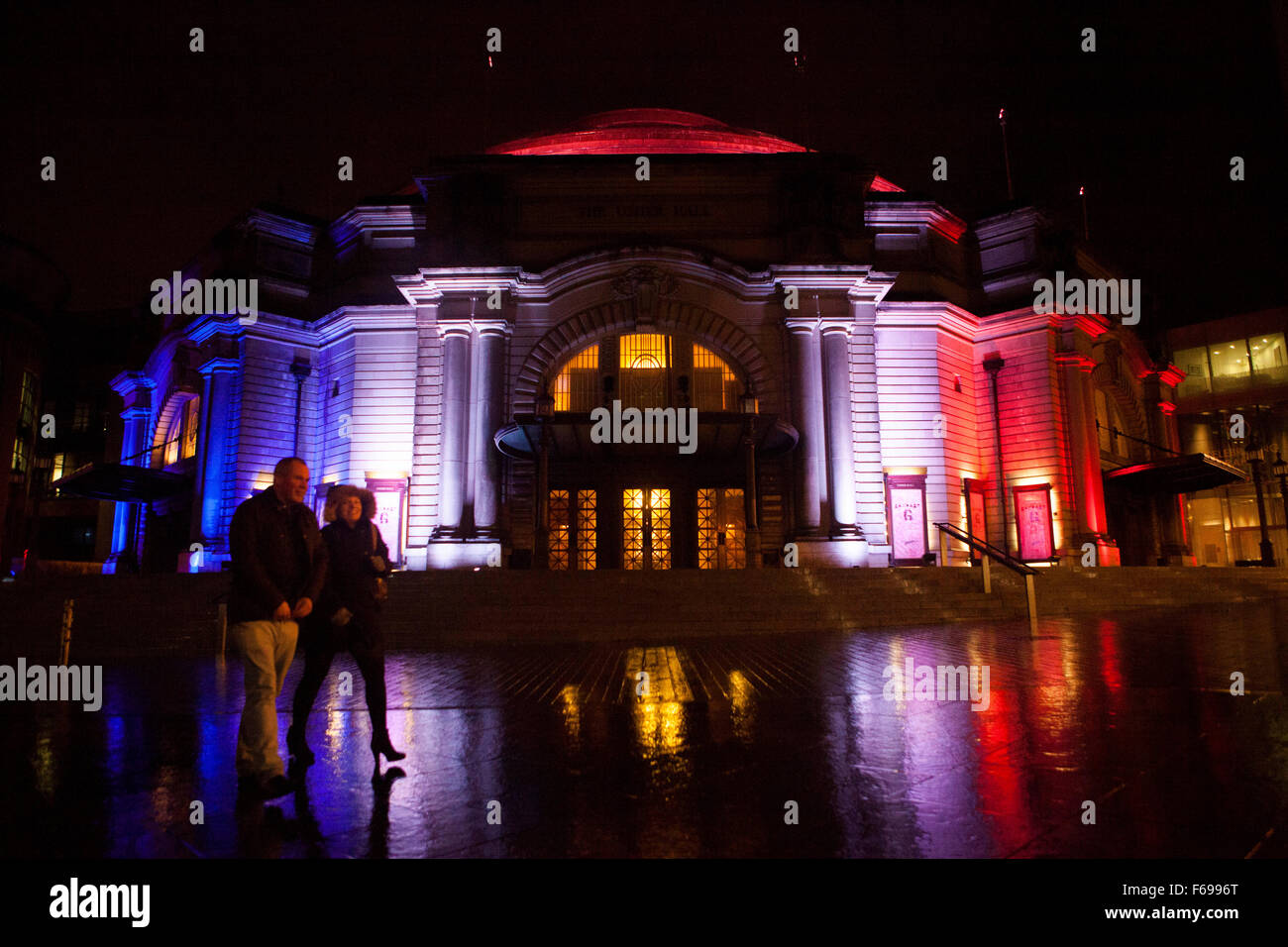 Edinburgh, UK. 14 November. Scotland's Capital turned Red, White and Blue at the Usher Hall. The colors of the French flag. The aim was to show solidarity with victims of the Paris terror attacks. Pako Mera/Alamy Live News. Stock Photo
