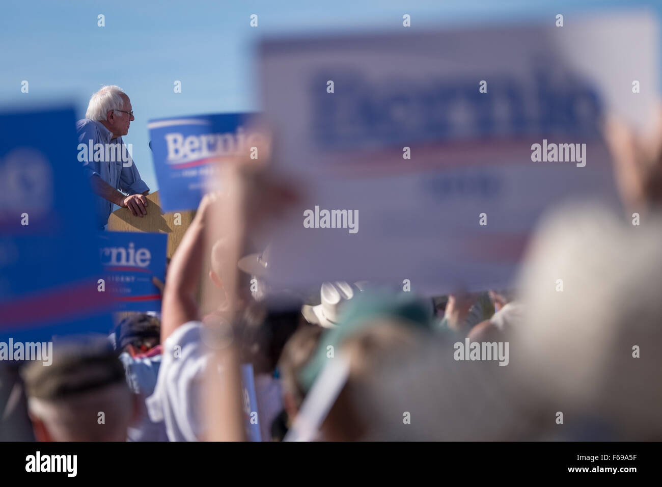 Bernie Sanders speaking for a crowd of supporters at a rally. Stock Photo