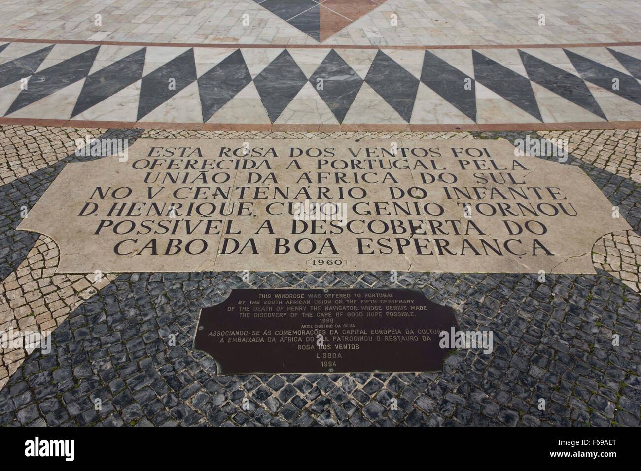 LISBON, PORTUGAL - OCTOBER 24 2014: Close up of the texts of the Compass Rose Mosaic in Lisbon, Portugal Stock Photo