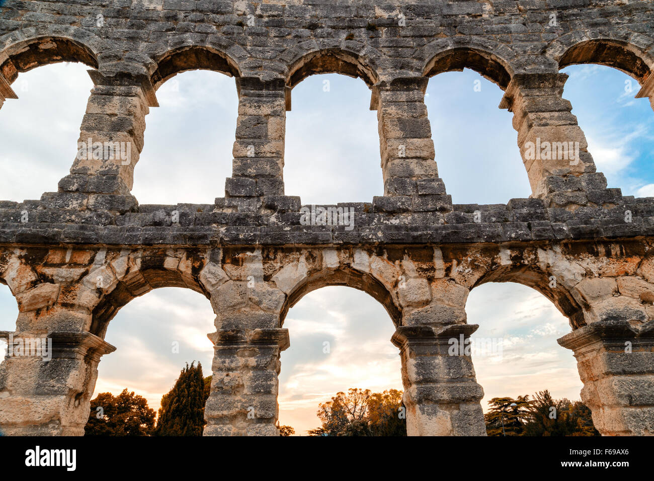 Architecture details of the Roman amphitheatre in Pula, Croatia, an arena similar to Colosseum of Rome Stock Photo