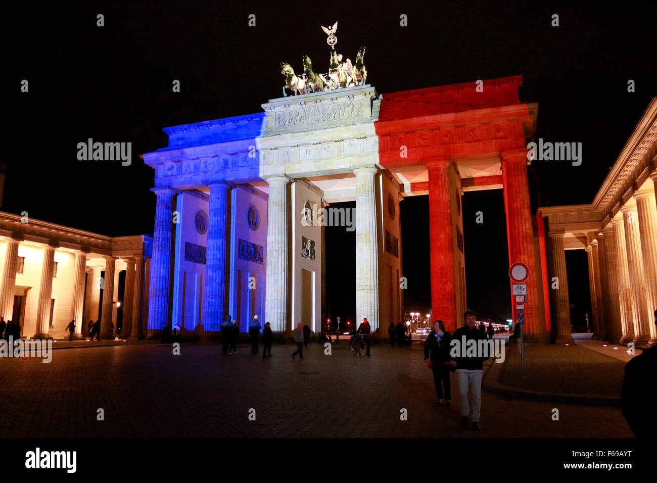 NOVEMBER 14, 2015 - BERLIN: the Brandenburg Gate in the colors of France -  mourning at the French Embassy in Berlin for the vic Stock Photo