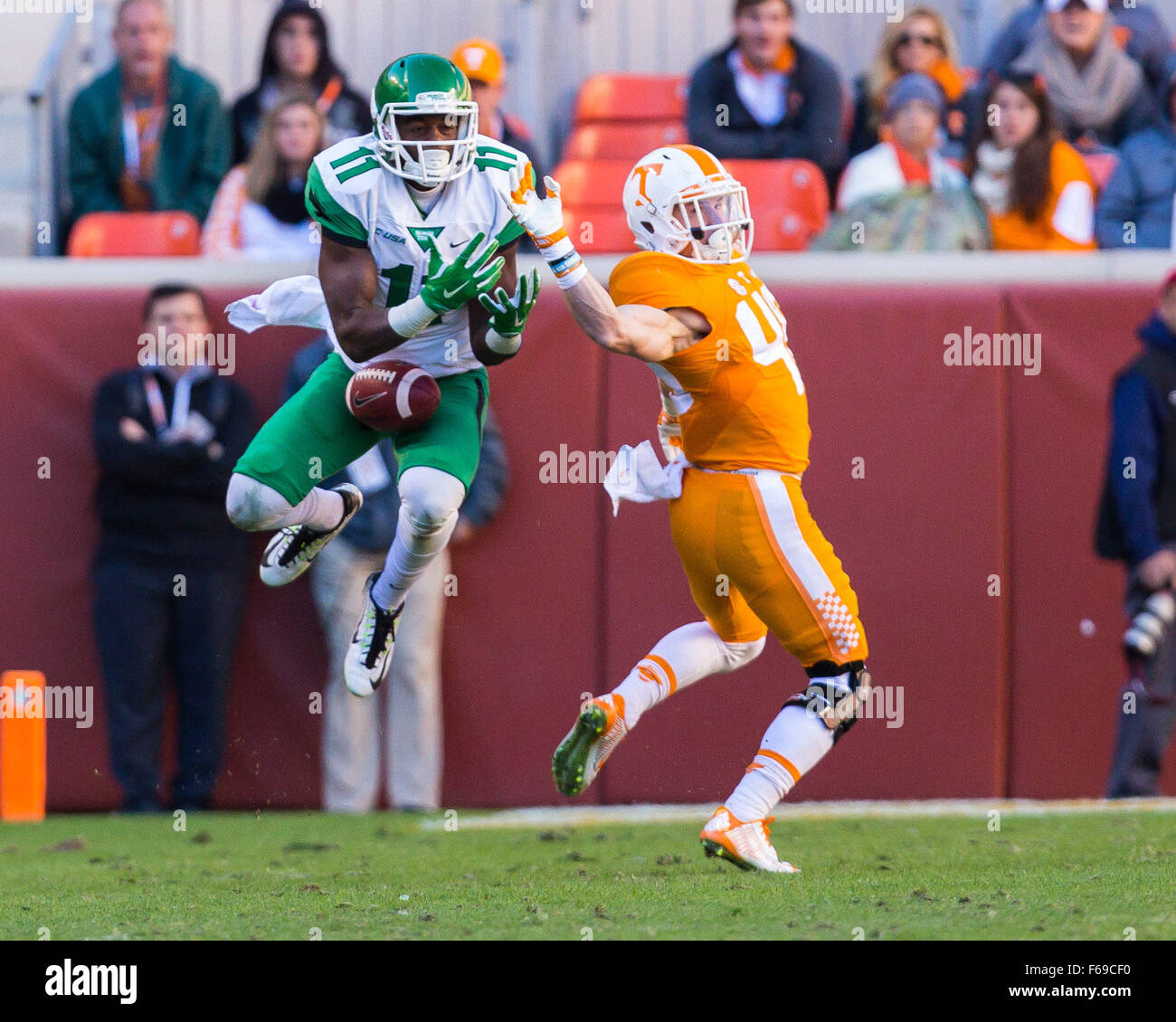 November 14, 2015: Thaddeous Thompson #11 of the North Texas Mean Green tries to catch the pass while being defended by DaJour Maddox #48 of the Tennessee Volunteers during the NCAA Football game between the University of Tennessee Volunteers and the North Texas Mean Green at Neyland Stadium in Knoxville, TN Tim Gangloff/CSM Stock Photo