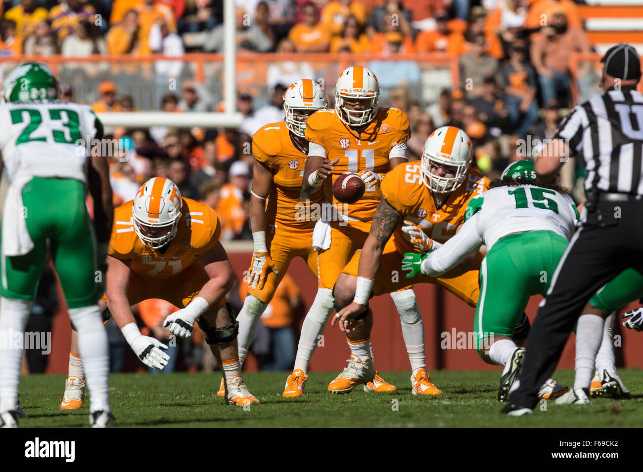 November 14, 2015: Joshua Dobbs #11 of the Tennessee Volunteers takes the snap during the NCAA Football game between the University of Tennessee Volunteers and the North Texas Mean Green at Neyland Stadium in Knoxville, TN Tim Gangloff/CSM Stock Photo