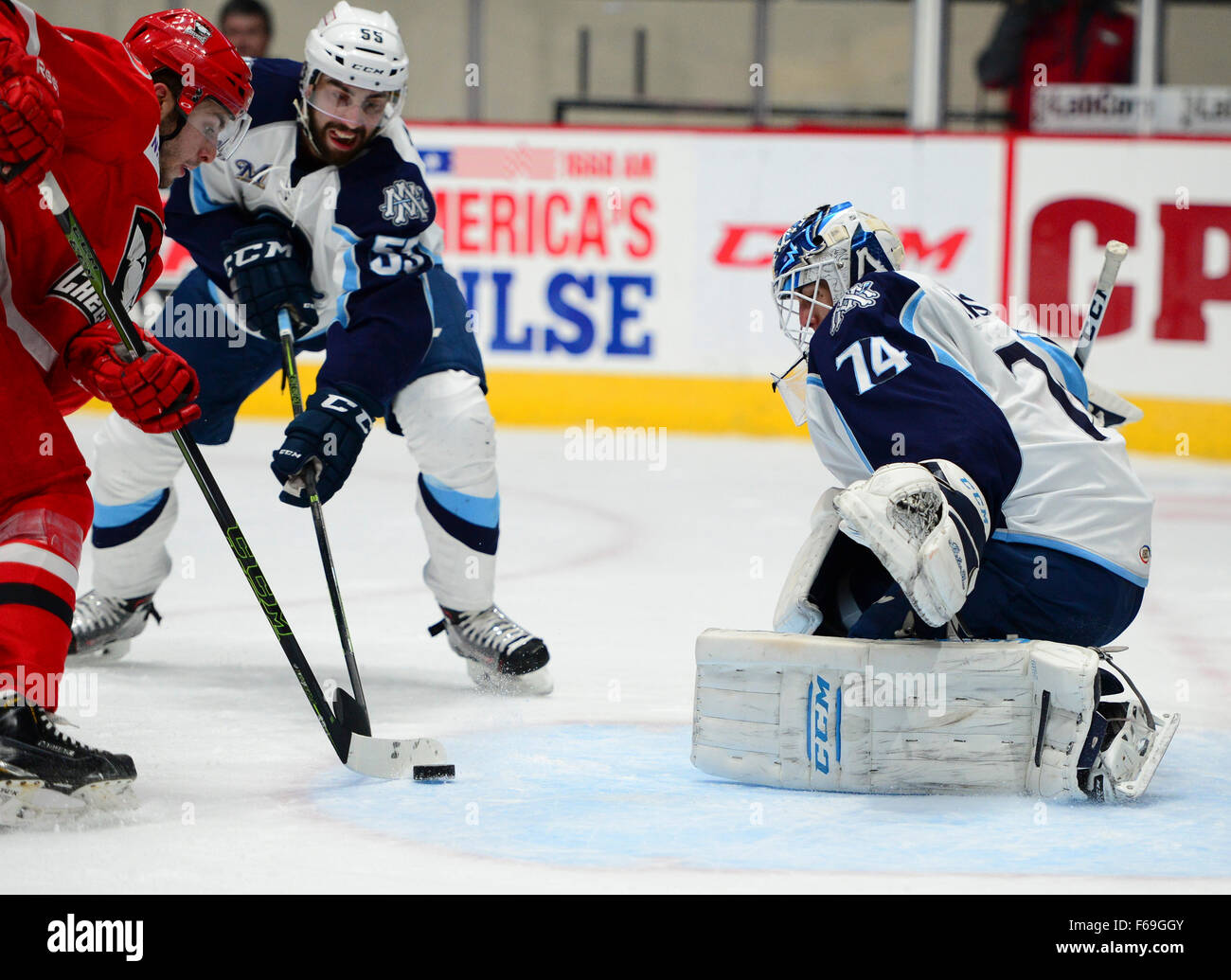 Milwaukee Admirals Goalie Juuse Saros (74) during the AHL game between the Milwaukee Admirals and the Charlotte Checkers on Saturday Nov. 14, 2015 at Bojangles Coliseum, in Charlotte, NC. Jacob Kupferman/CSM Stock Photo