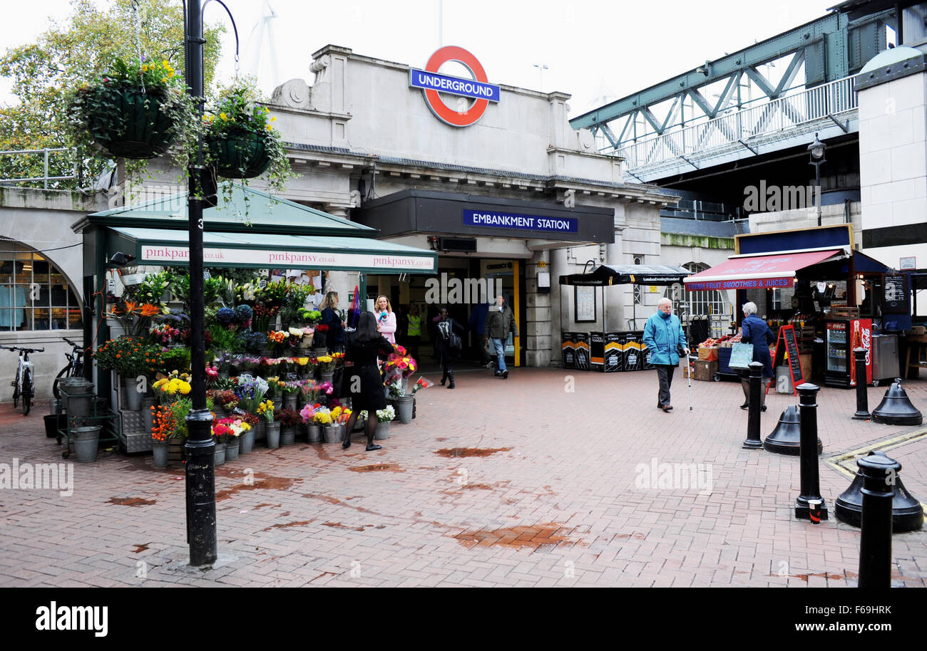 The Embankment underground tube station entrance in Westminster London UK Stock Photo