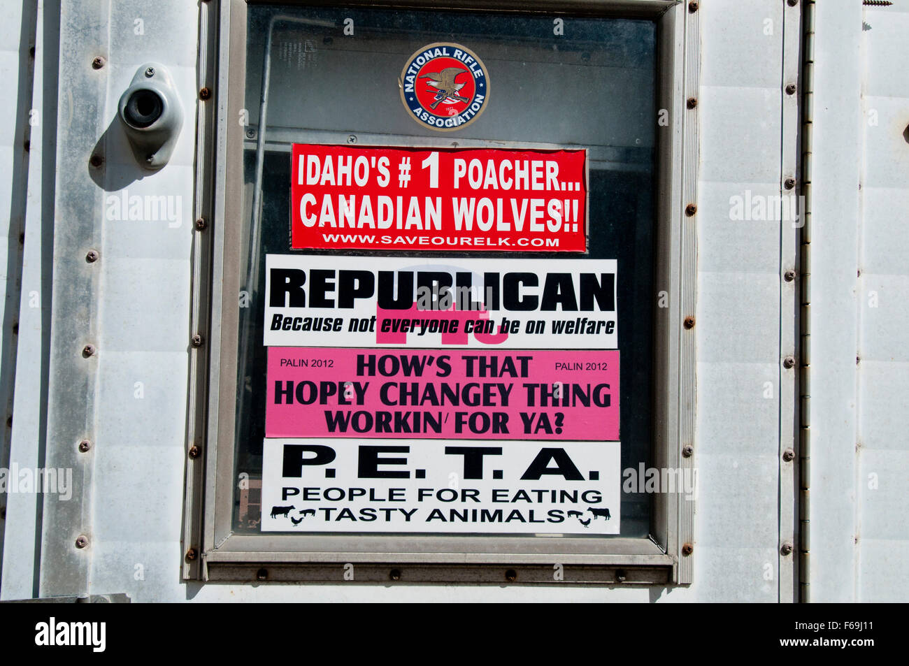 Right-wing bumper stickers on the back of a truck camper from Idaho Stock Photo