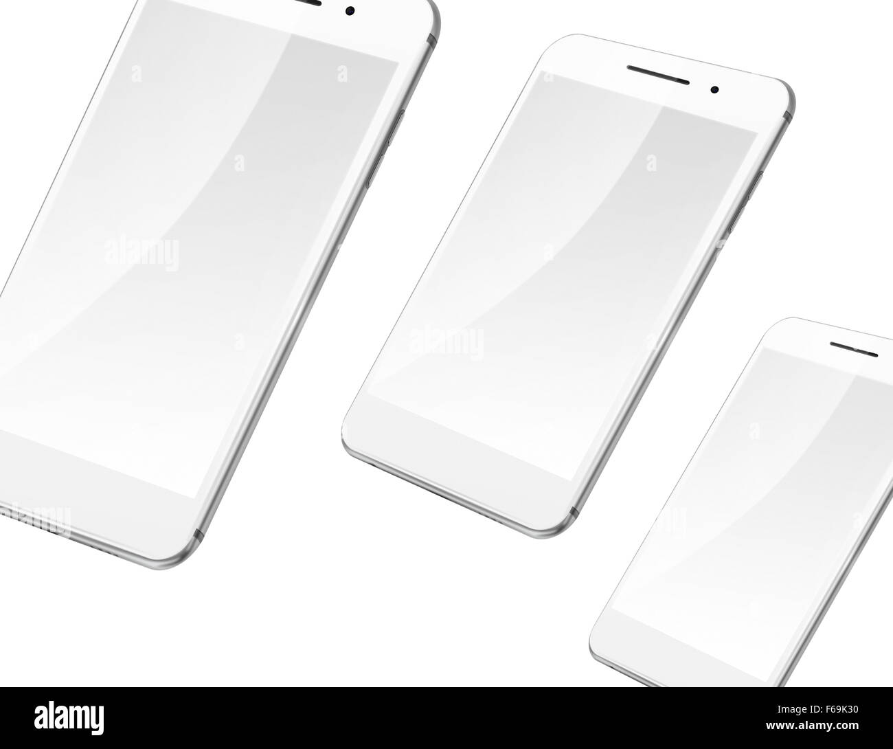 Mobile smart phones with blank screens isolated on white background