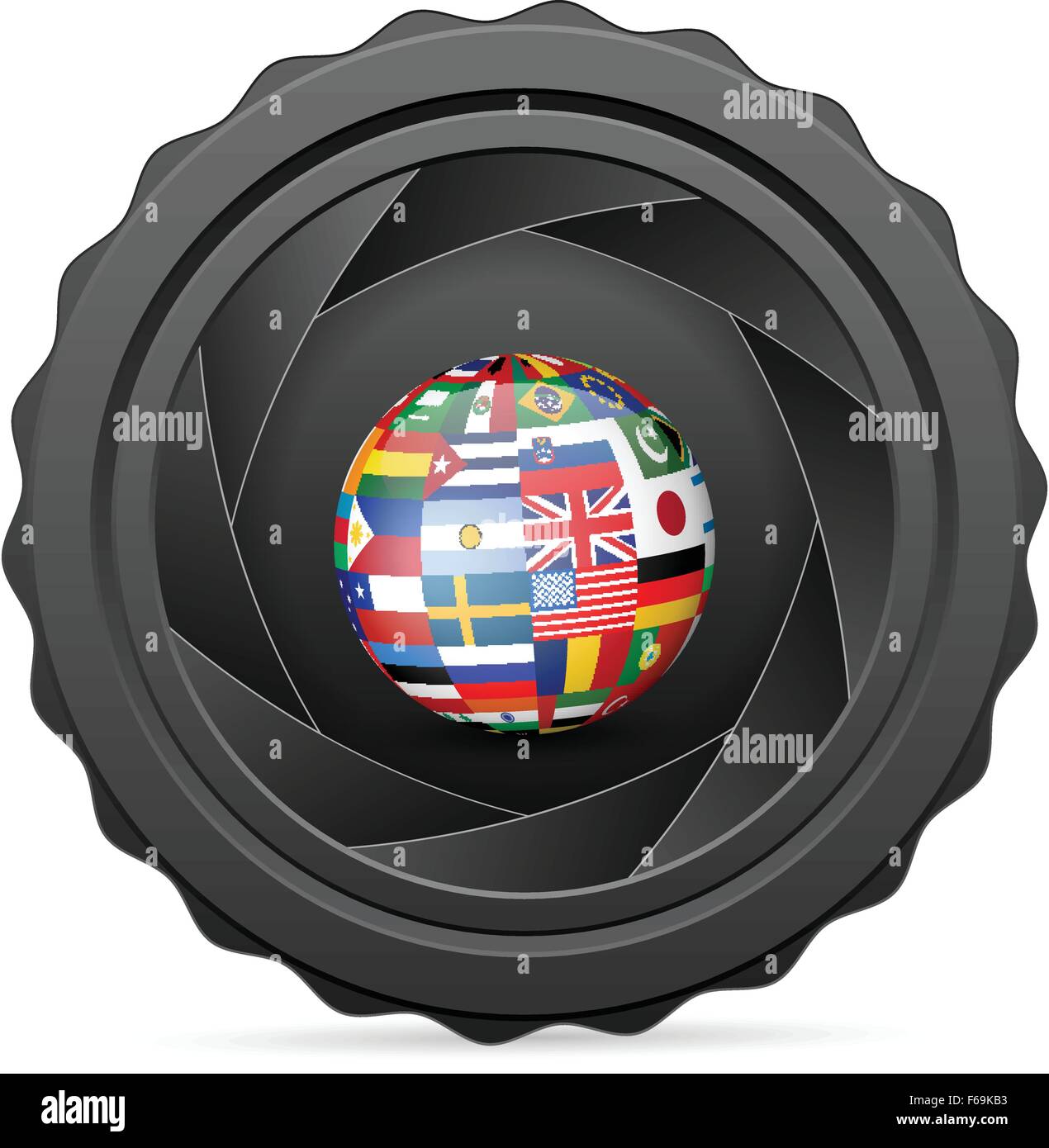 Camera shutter with national flag globe on white background. Vector ...