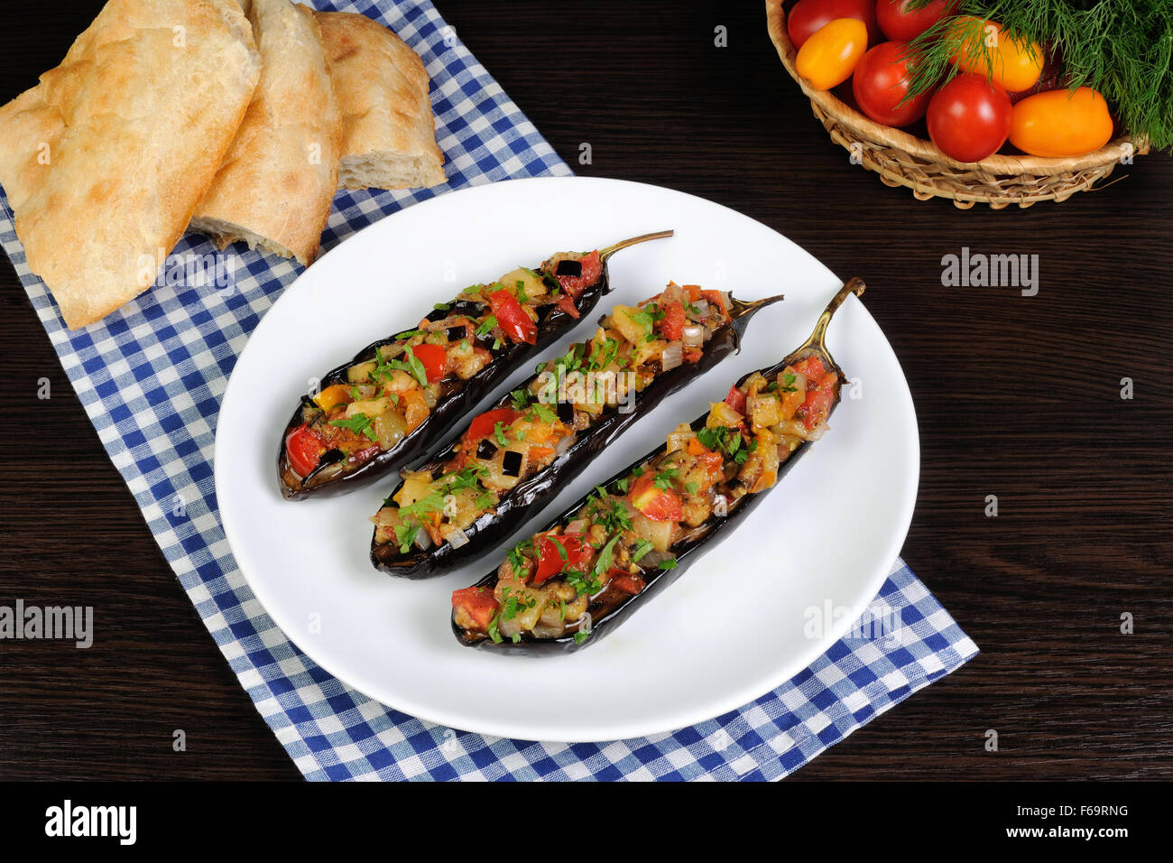 Appetizer of fried eggplant with tomatoes Stock Photo Alamy