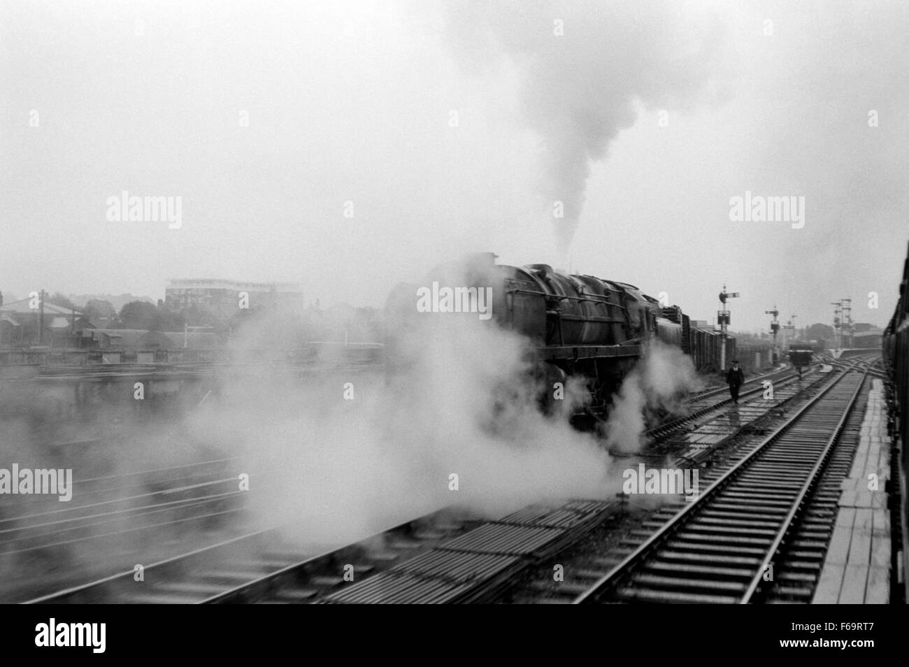 original british rail steam loco number 92004 in steam at leamington spa in the 1960s Stock Photo