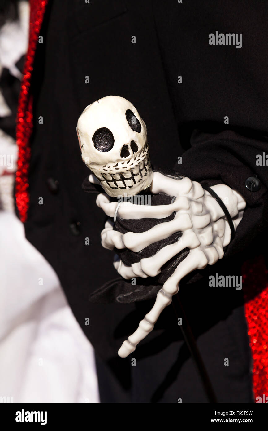 Gothic costume including a skull and hand bones, close up Stock Photo