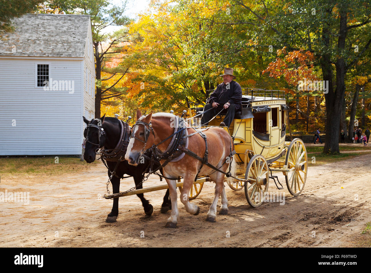 Historic 19th century american stagecoach, Old Sturbridge Village living museum, Massachusetts MA USA Stock Photo