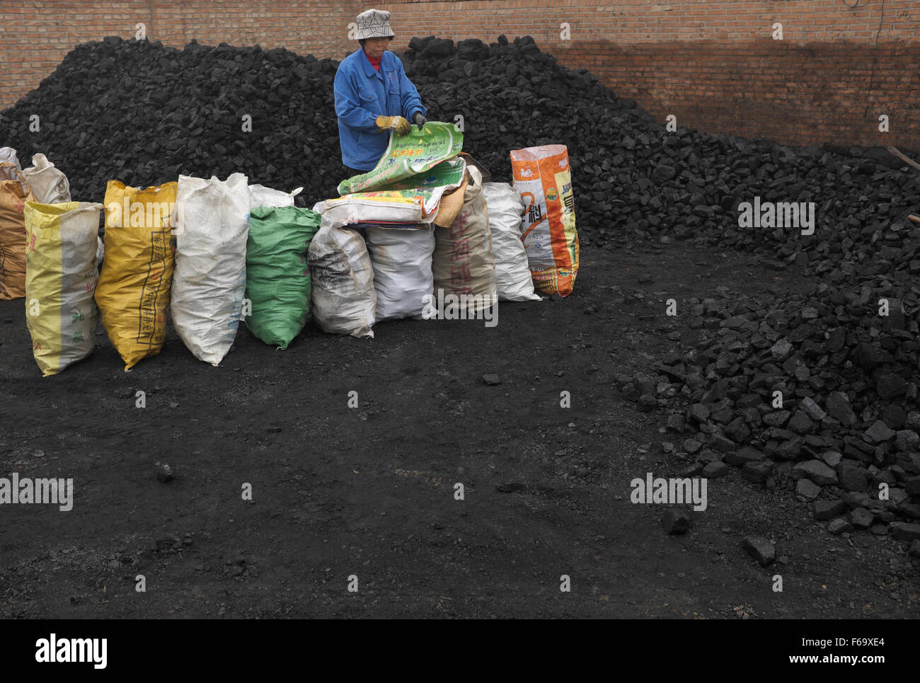 A woman bags blocks of coal at a coal store in a village in GuAn, 50km to Beijing, Hebei province, China. Stock Photo