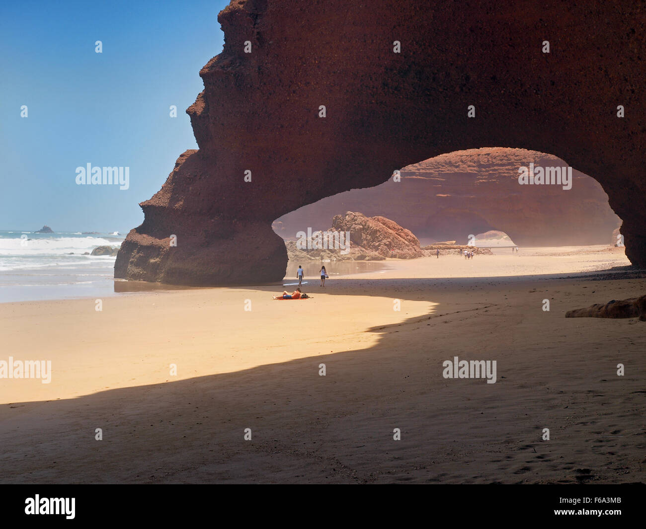 Natural stone arches on Legzira beach, 10km north of Sidi Ifni, Morocco Stock Photo