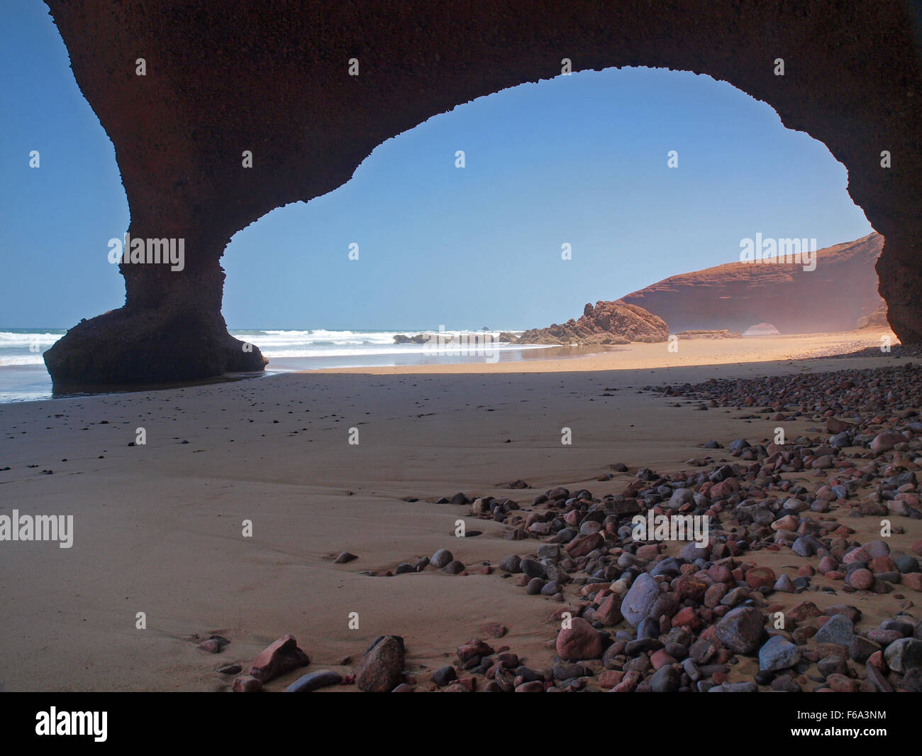 Natural stone arches on Legzira beach, 10km north of Sidi Ifni, Morocco Stock Photo